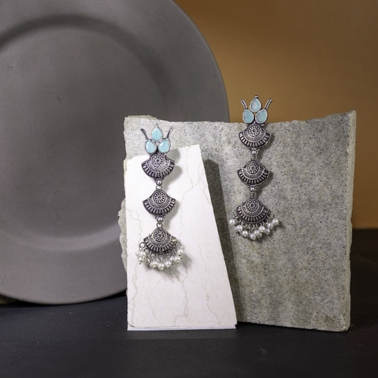 Mint Stone Studded Triple Layered Beautiful German Silver Earrings