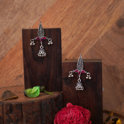 Red Stone Studded Beautiful Triangular Oxidised Earrings With Hanging Jhumka