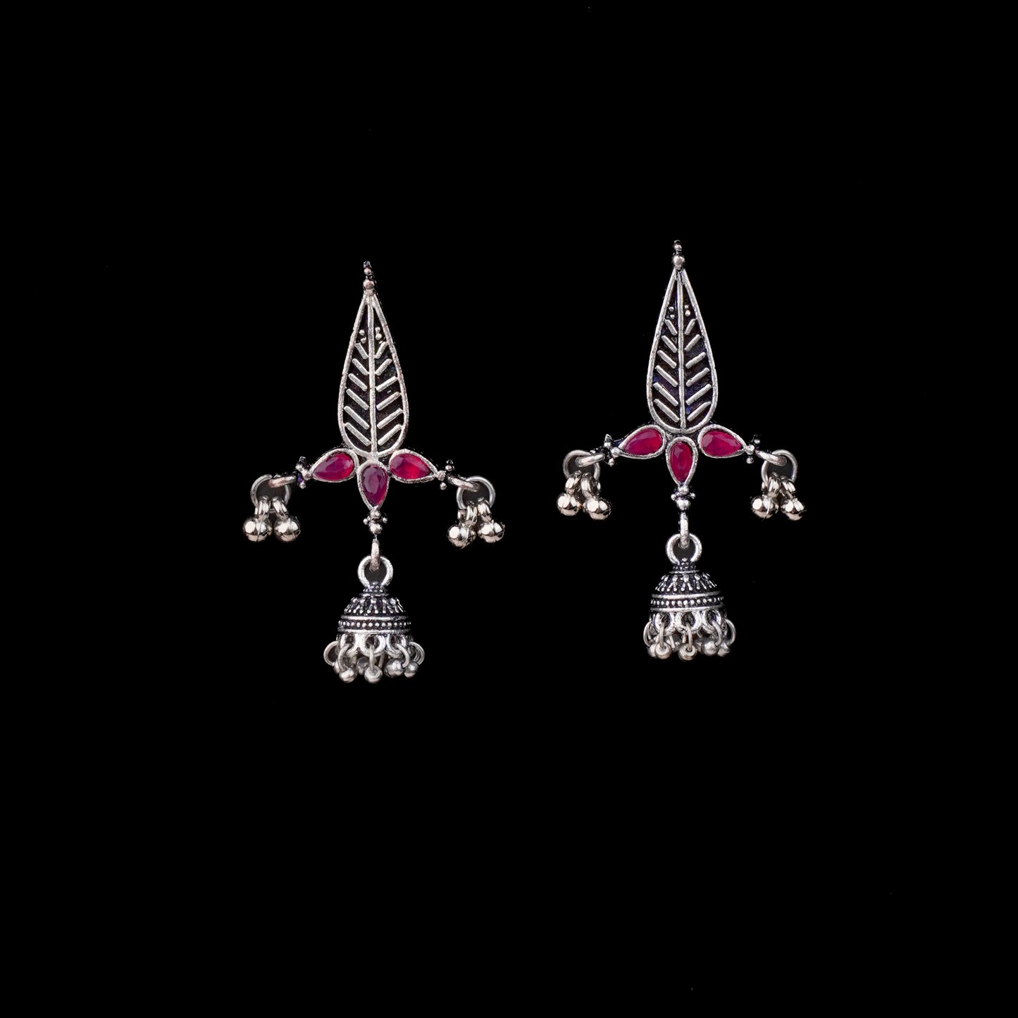 Red Stone Studded Beautiful Triangular Oxidised Earrings With Hanging Jhumka