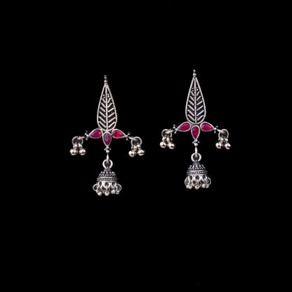 Red Stone Studded Beautiful Triangular Oxidised Earrings With Hanging Jhumka