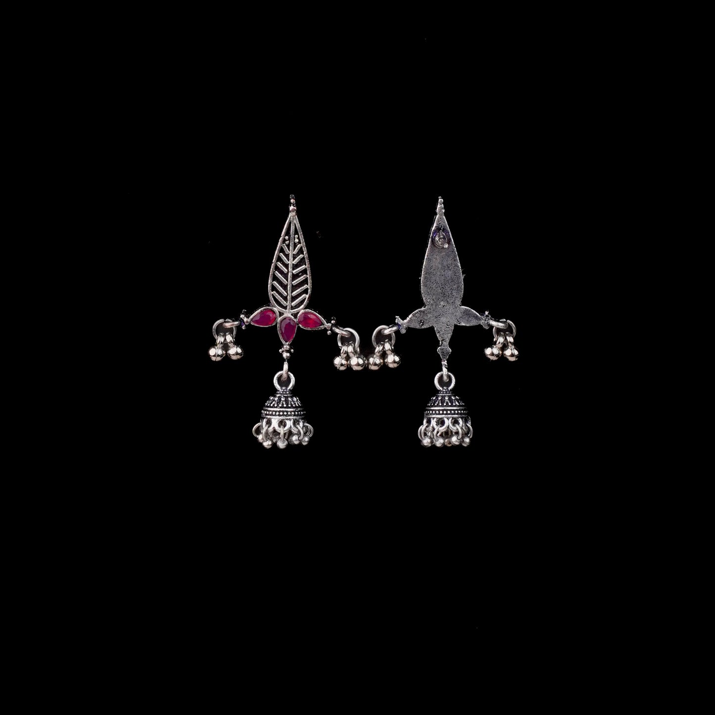 Red Stone Studded Beautiful Triangular Oxidised Earrings With Hanging Jhumka