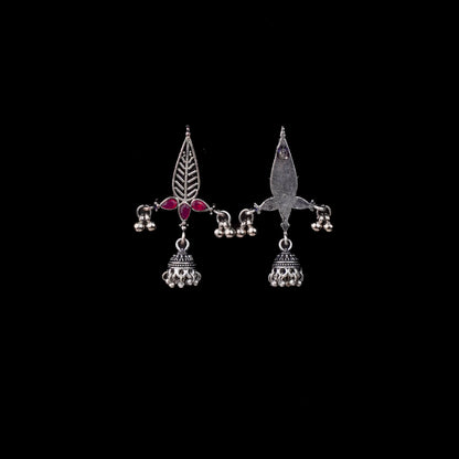 Red Stone Studded Beautiful Triangular Oxidised Earrings With Hanging Jhumka