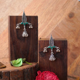 Green Stone Studded Beautiful Triangular Oxidised Earrings With Hanging Jhumka