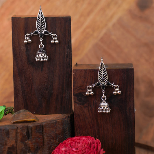 Black Stone Studded Beautiful Triangular Oxidised Earrings With Hanging Jhumka