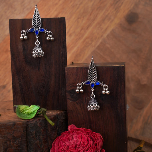 Blue Stone Studded Beautiful Triangular Oxidised Earrings With Hanging Jhumka