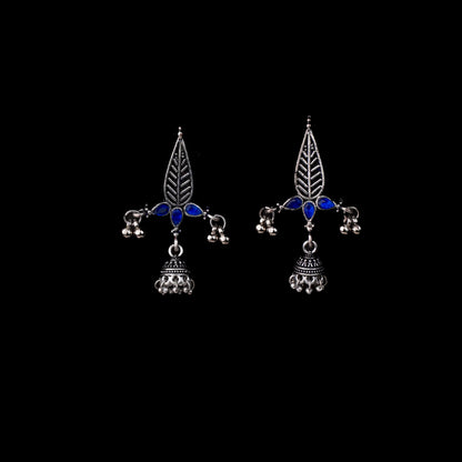 Blue Stone Studded Beautiful Triangular Oxidised Earrings With Hanging Jhumka