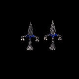Blue Stone Studded Beautiful Triangular Oxidised Earrings With Hanging Jhumka