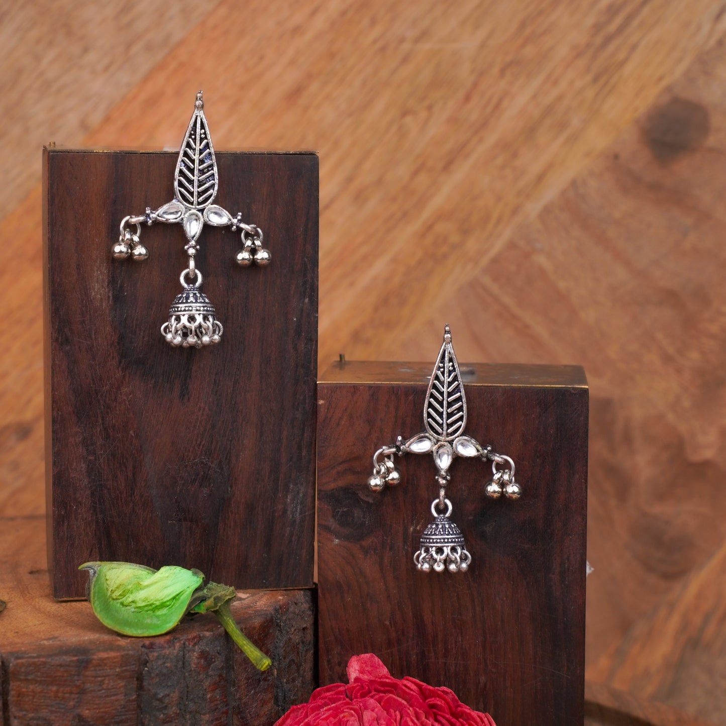 White Stone Studded Beautiful Triangular Oxidised Earrings With Hanging Jhumka