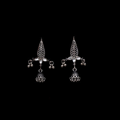 White Stone Studded Beautiful Triangular Oxidised Earrings With Hanging Jhumka