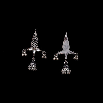 White Stone Studded Beautiful Triangular Oxidised Earrings With Hanging Jhumka