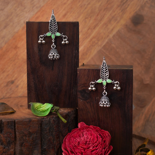 Pista Stone Studded Beautiful Triangular Oxidised Earrings With Hanging Jhumka