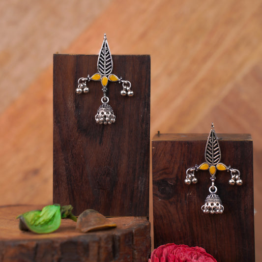 Yellow Stone Studded Beautiful Triangular Oxidised Earrings With Hanging Jhumka