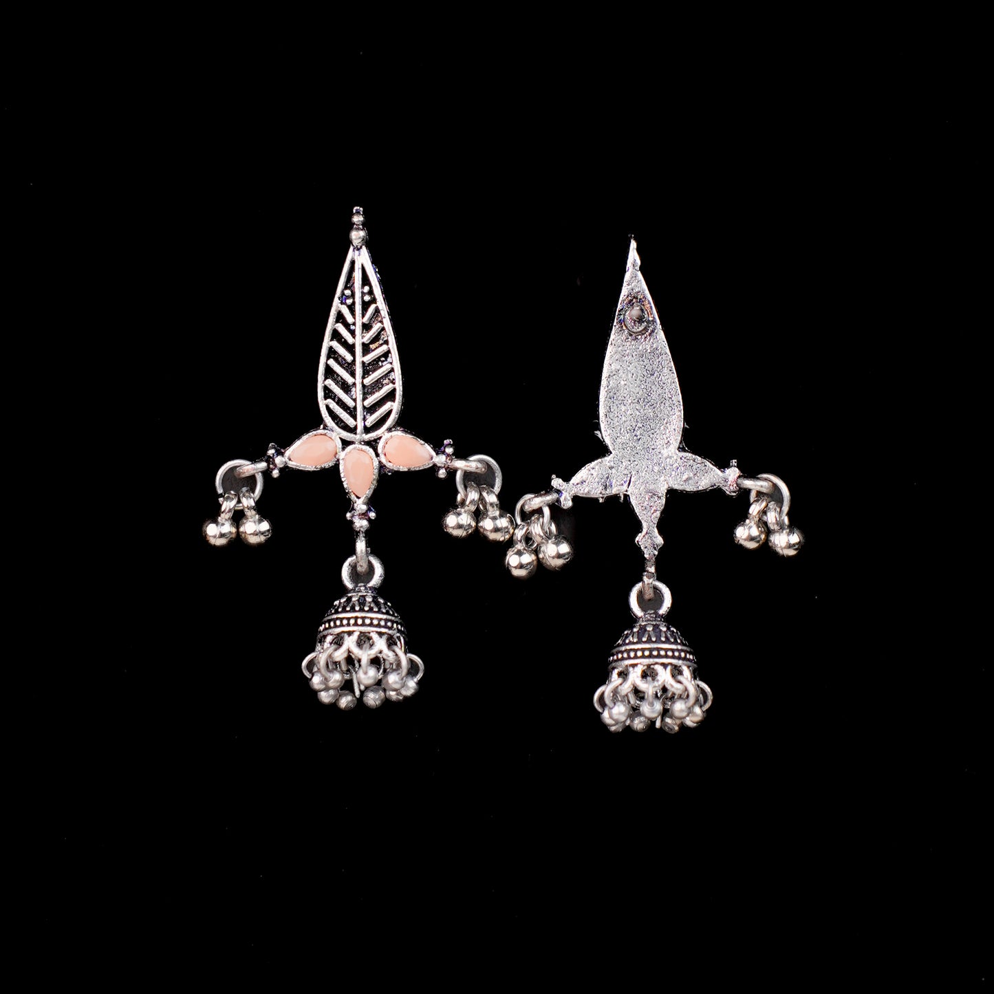 Light Orange Stone Studded Beautiful Triangular Oxidised Earrings With Hanging Jhumka