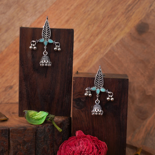 Mint Stone Studded Beautiful Triangular Oxidised Earrings With Hanging Jhumka