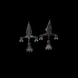 Mint Stone Studded Beautiful Triangular Oxidised Earrings With Hanging Jhumka