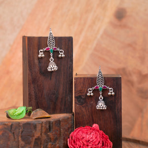 Multi Stone Studded Beautiful Triangular Oxidised Earrings With Hanging Jhumka