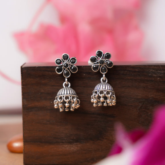 Black Stone Studded Oxidised Earrings With Hanging Jhumki