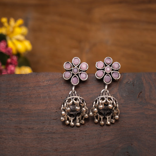 Baby Pink Stone Studded Oxidised Earrings With Hanging Jhumki