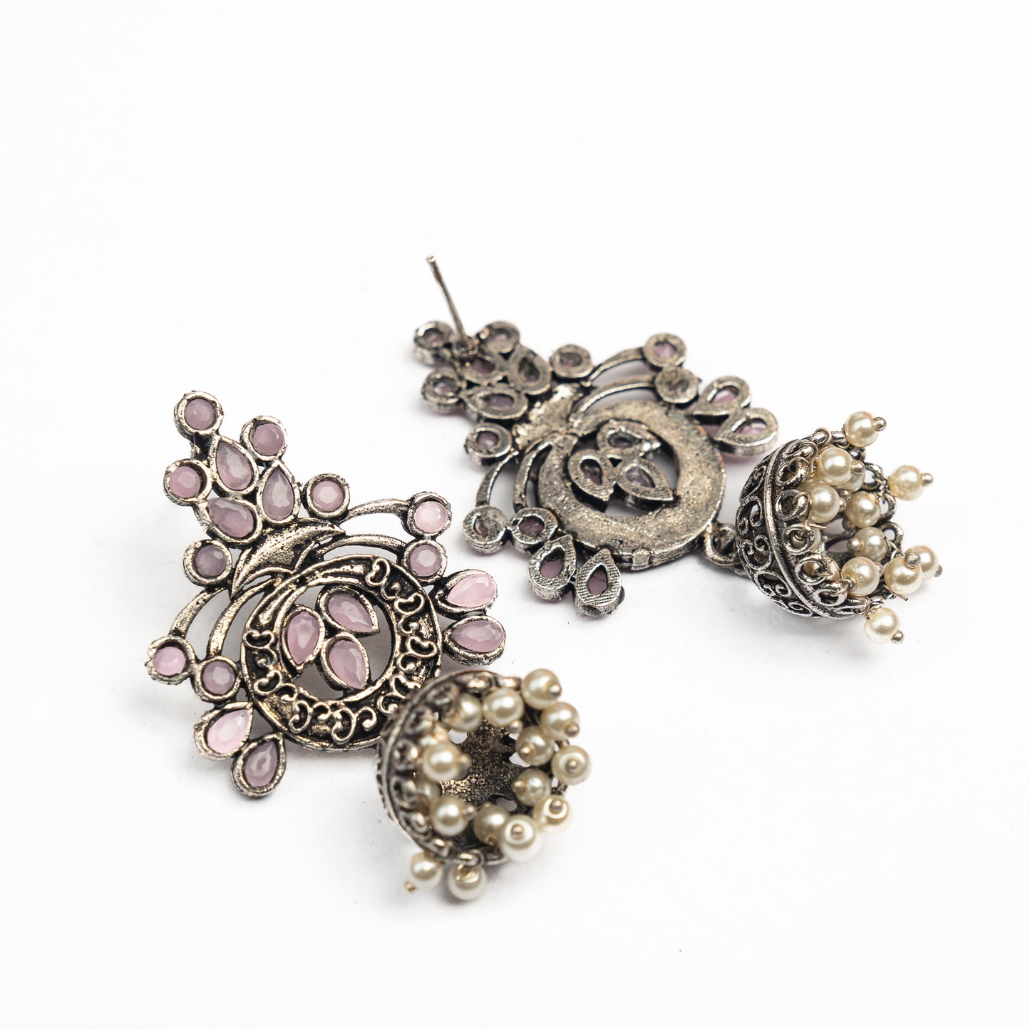 Baby Pink Studded Oxidised Earrings With Hanging Jhumka