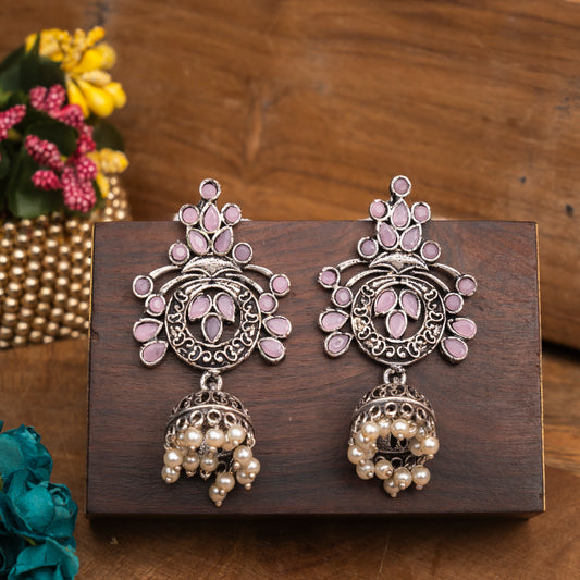 Baby Pink Studded Oxidised Earrings With Hanging Jhumka