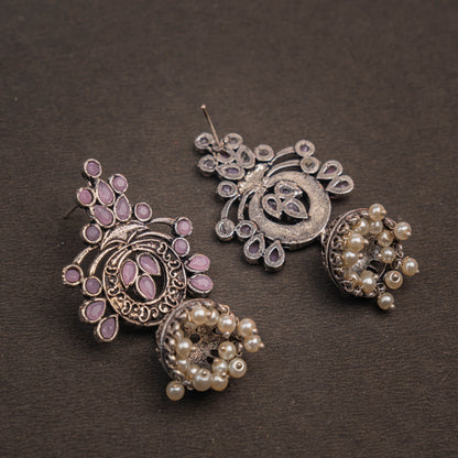 Baby Pink Studded Oxidised Earrings With Hanging Jhumka