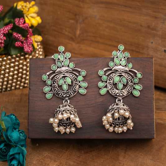 Pista Stone Studded Oxidised Earrings With Hanging Jhumka