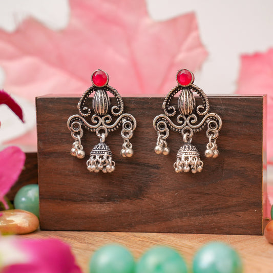 Red Stone Studded Intricate Jhumki Earrings