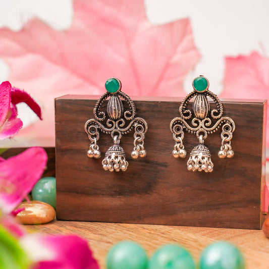 Green Stone Studded Intricate Jhumki Earrings