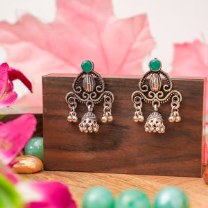 Green Stone Studded Intricate Jhumki Earrings