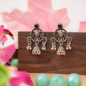 Black Stone Studded Intricate Jhumki Earrings