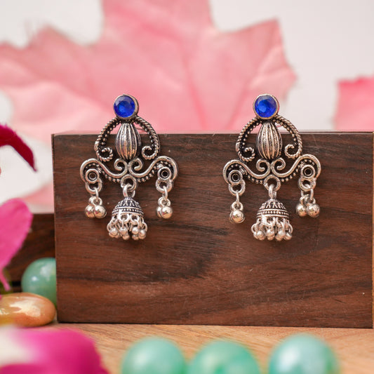 Blue Stone Studded Intricate Jhumki Earrings