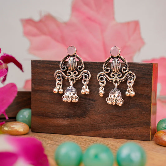 Baby Pink Stone Studded Intricate Jhumki Earrings