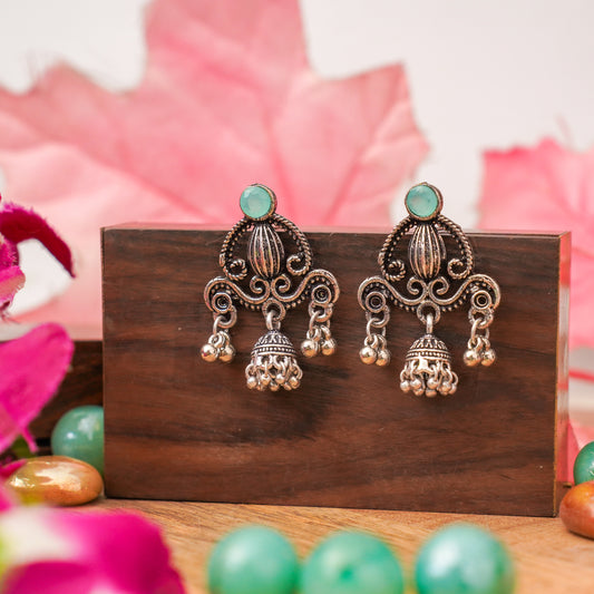 Mint Stone Studded Intricate Jhumki Earrings