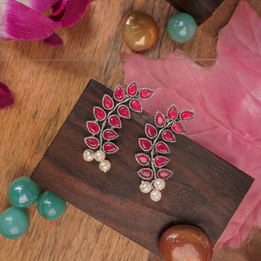 Red Stone Studded Leaves Shaped Earrings With Hanging Pearls