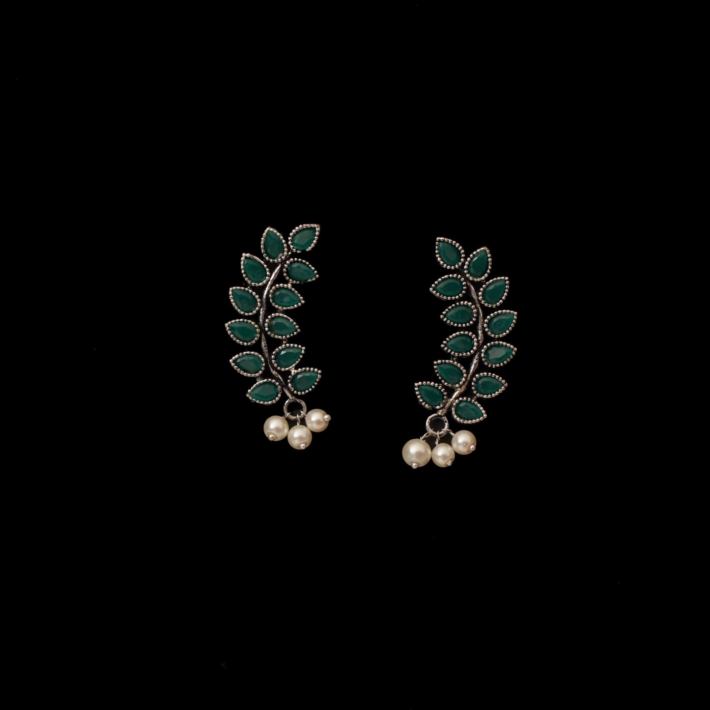 Green Stone Studded Leaves Shaped Earrings With Hanging Pearls