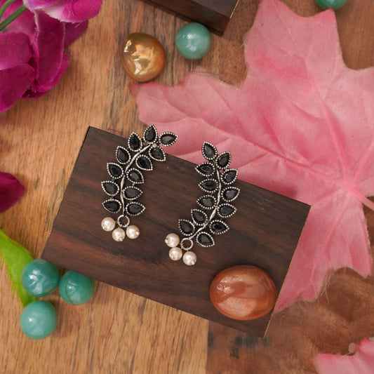 Black Stone Studded Leaves Shaped Earrings With Hanging Pearls