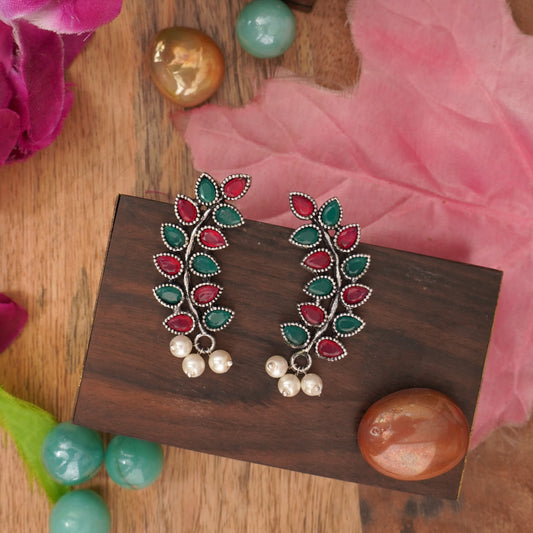 Multicolored Stone Studded Leaves Shaped Earrings With Hanging Pearls