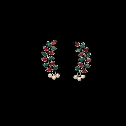 Multicolored Stone Studded Leaves Shaped Earrings With Hanging Pearls