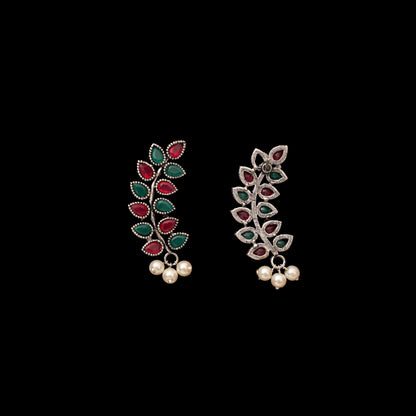 Multicolored Stone Studded Leaves Shaped Earrings With Hanging Pearls