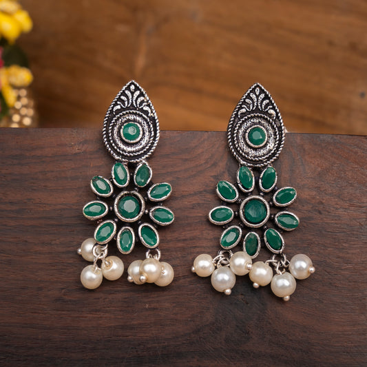 Green Stone Studded Oxidised Earrings With Hanging Pearls