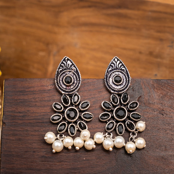 Black Stone Studded Oxidised Earrings With Hanging Pearls