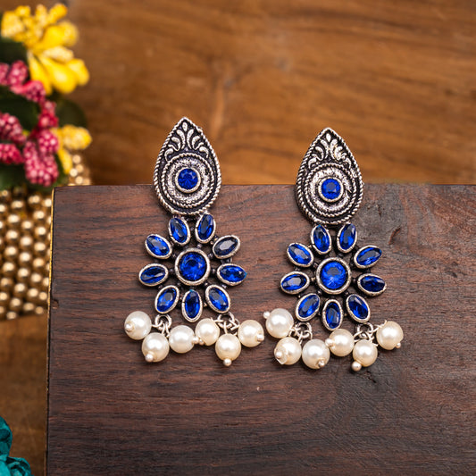 Blue Stone Studded Oxidised Earrings With Hanging Pearls