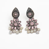 Baby Pink Stone Studded Oxidised Earrings With Hanging Pearls