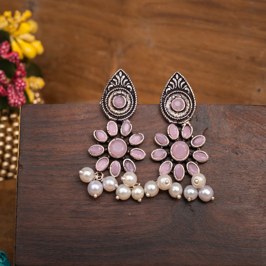 Baby Pink Stone Studded Oxidised Earrings With Hanging Pearls