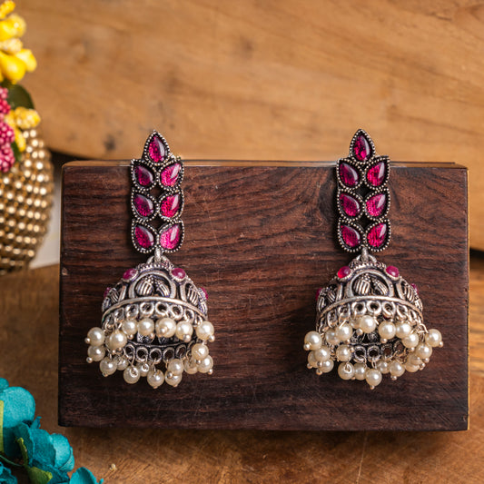 Red Stone Studded German Silver Danglers With Stone Embedded Brass Jhumki