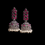 Red Stone Studded German Silver Danglers With Stone Embedded Brass Jhumki