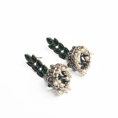 Green Stone Studded German Silver Danglers With Stone Embedded Brass Jhumki