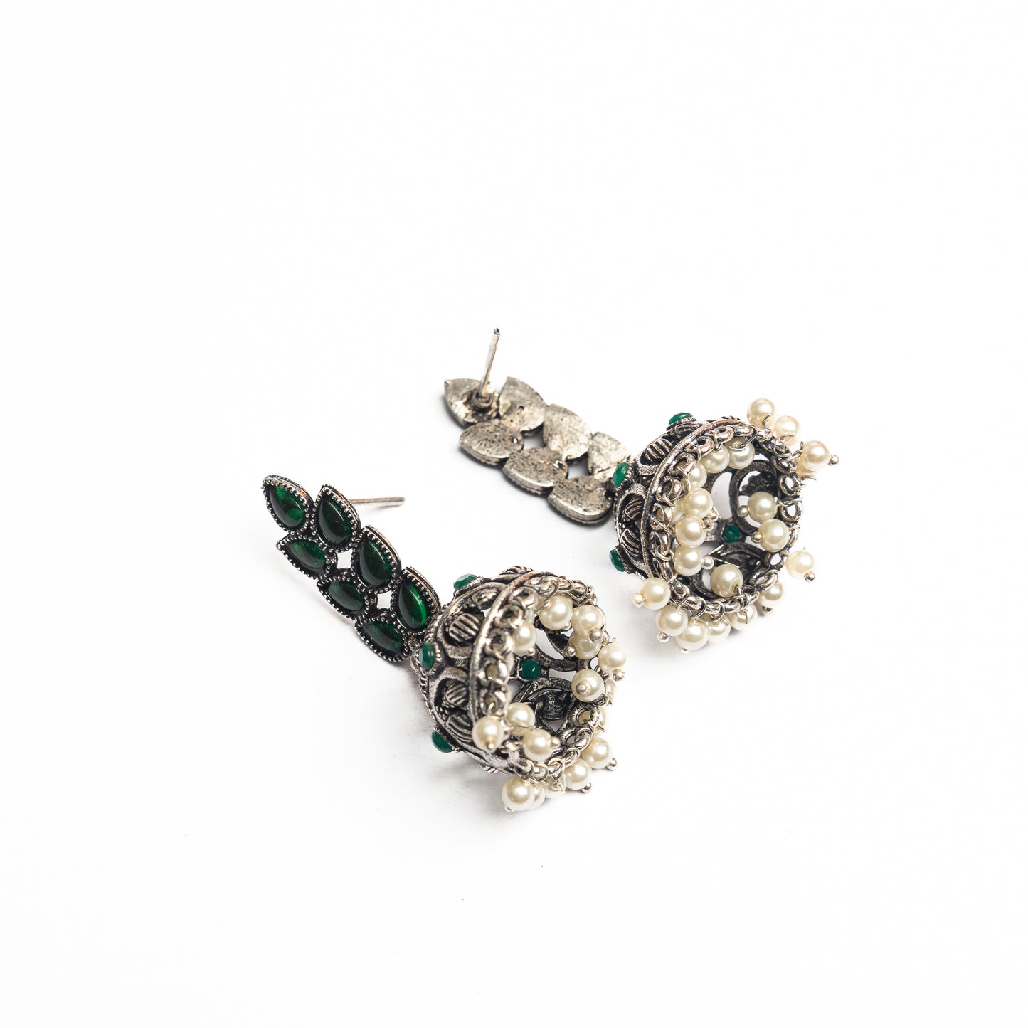 Green Stone Studded German Silver Danglers With Stone Embedded Brass Jhumki