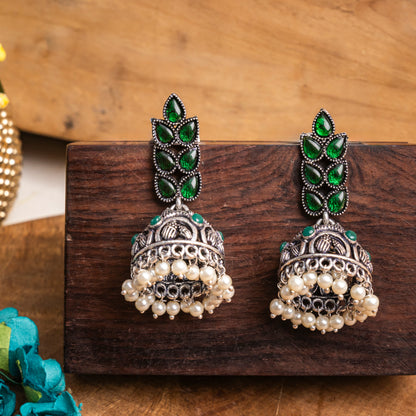 Green Stone Studded German Silver Danglers With Stone Embedded Brass Jhumki