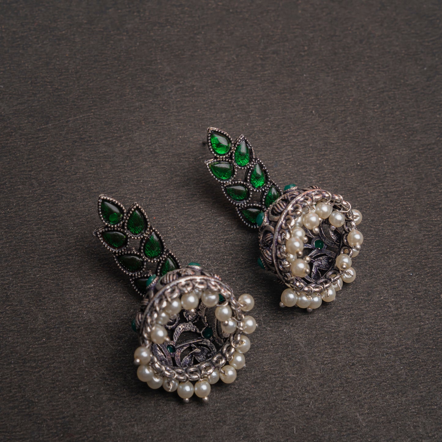 Green Stone Studded German Silver Danglers With Stone Embedded Brass Jhumki